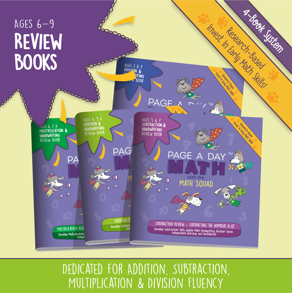 Set 10: REVIEW SERIES -- 1 ADDITION Review Book, 1 SUBTRACTION Review Book, 1 MULTIPLICATION Review Book, 1 DIVISION Review Book - Page A Day Math with the Math Squad