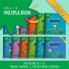 Load image into Gallery viewer, Series 8: MULTIPLICATION (age 6-8) 12-Book Series, Flash Cards &amp; Assessments - Page A Day Math with the Math Squad