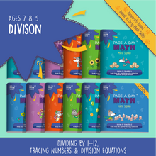 Load image into Gallery viewer, Series 9: DIVISION (age 6-9) 12-Book Series, Flash Cards &amp; Assessments - Page A Day Math with the Math Squad